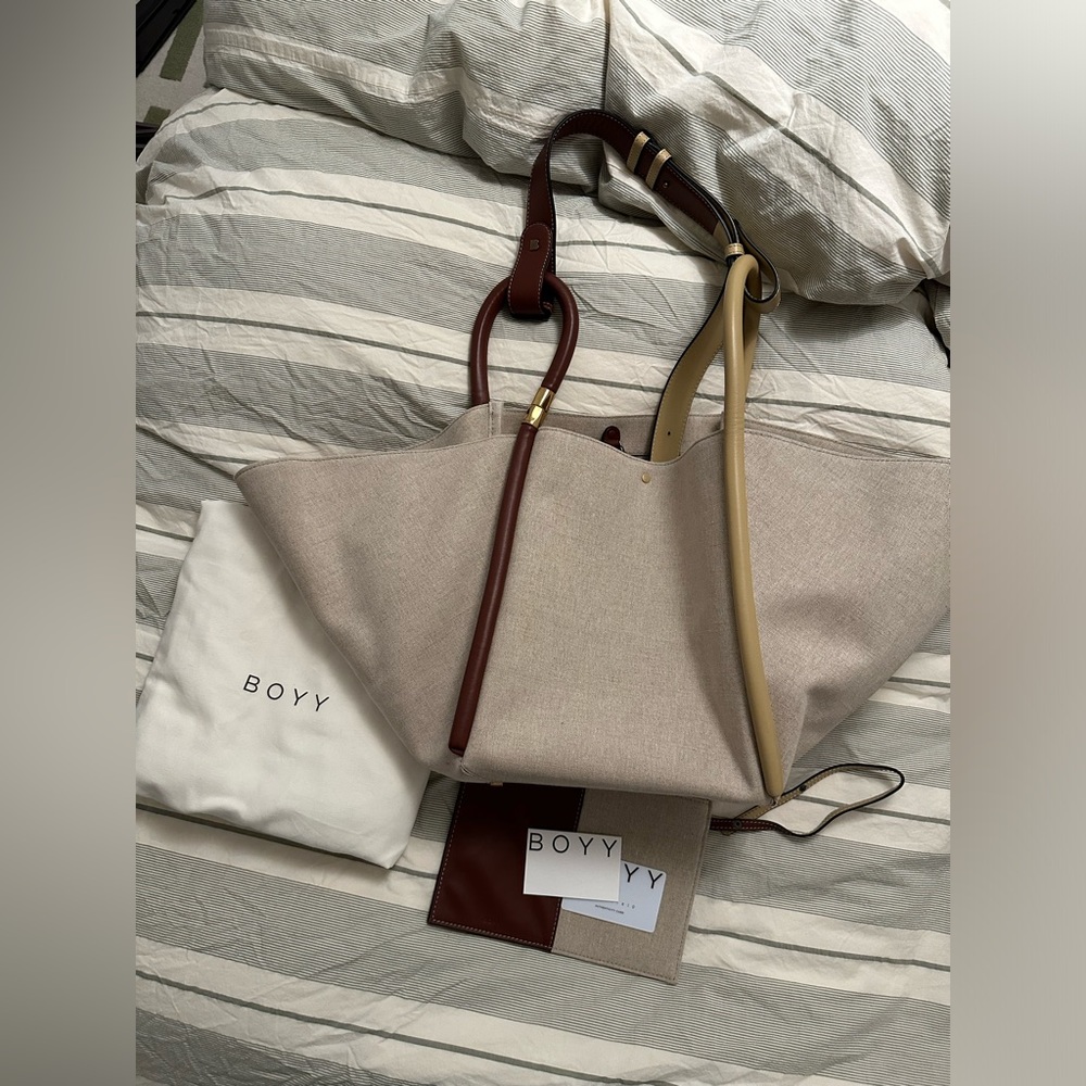 BOYY Beige & Burgundy Lotus 25 Lala Flat Canvas Tote